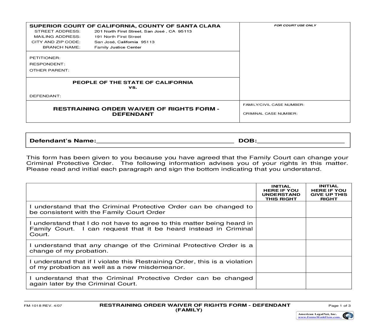 Restraining Order Waiver Of Rights Form - Defendant (Family) {FM-1018} | Pdf Fpdf Doc Docx | California