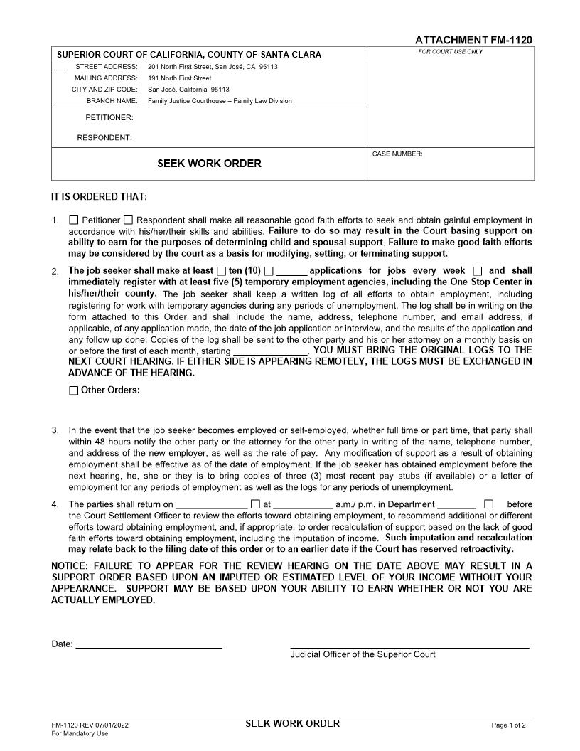 Seek Work Order {FM-1120} | Pdf Fpdf Doc Docx | California