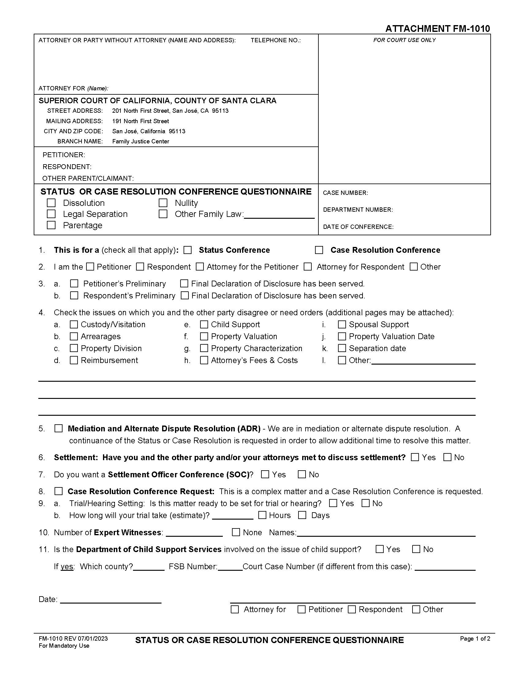 Status Or Case Resolution Conference Questionnaire {FM-1010} | Pdf Fpdf Doc Docx | California