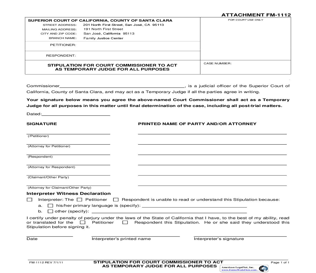 Stipulation For Court Commissioner To Act As Temporary Judge For All Purpose {FM-1112} | Pdf Fpdf Doc Docx | California