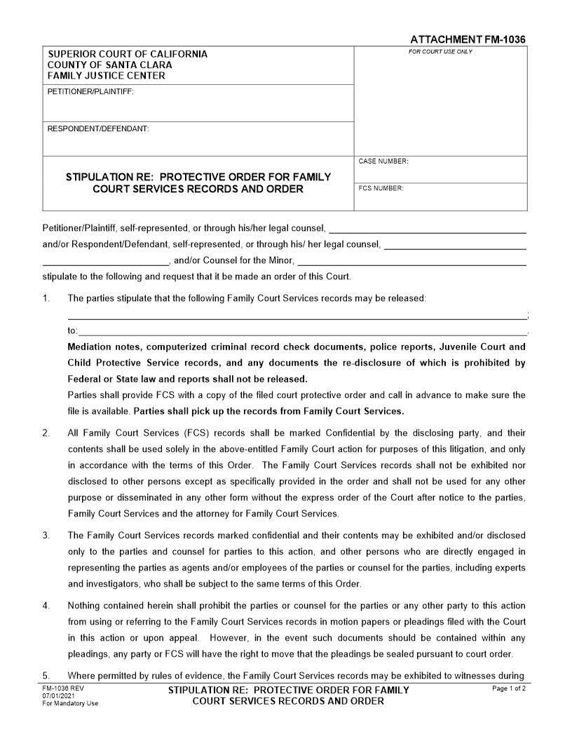 Stipulation Re Protective Order For Family Court Services Records And Order Thereon {FM-1036} | Pdf Fpdf Doc Docx | California