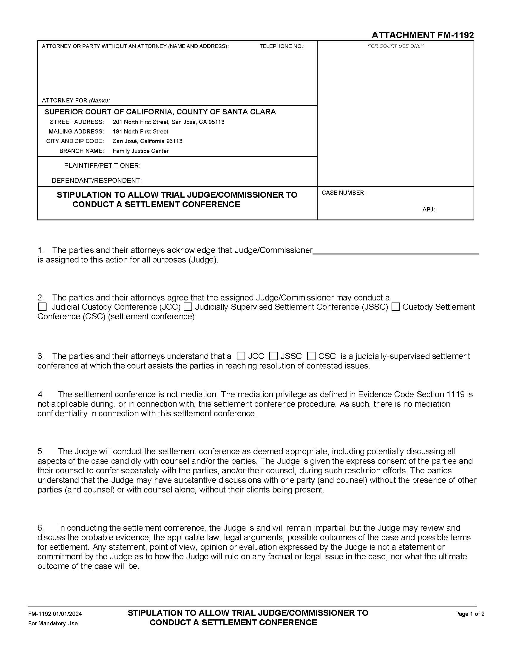 Stipulation To Allow Trial Judge-Commissioner To Conduct Judicial Custody Conference (JCC) {FM-1192} | Pdf Fpdf Docx | California