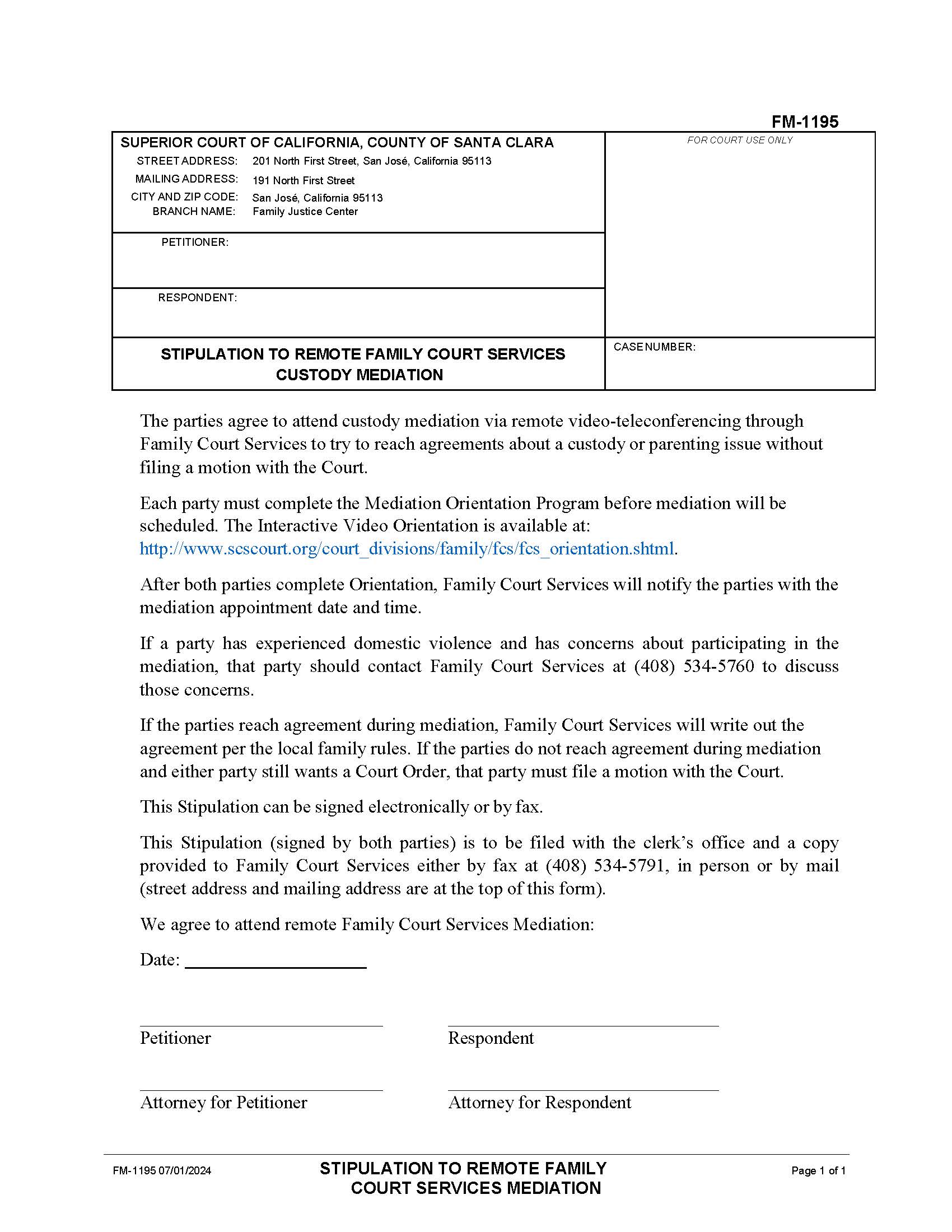 Stipulation To Telephonic Family Court Services Mediation {FM-1195} | Pdf Fpdf Docx | California