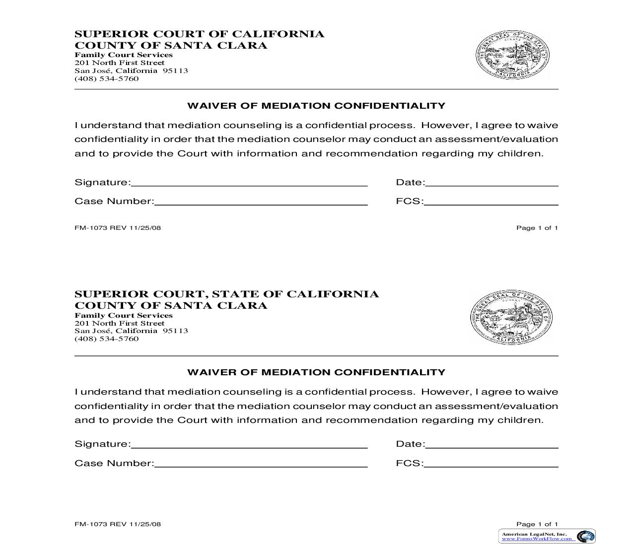 Waiver Of Mediation Confidentiality {FM-1073} | Pdf Fpdf Doc Docx | California