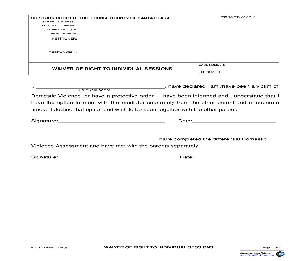Waiver Of Right To Individual Sessions {FM-1072} | Pdf Fpdf Doc Docx | California