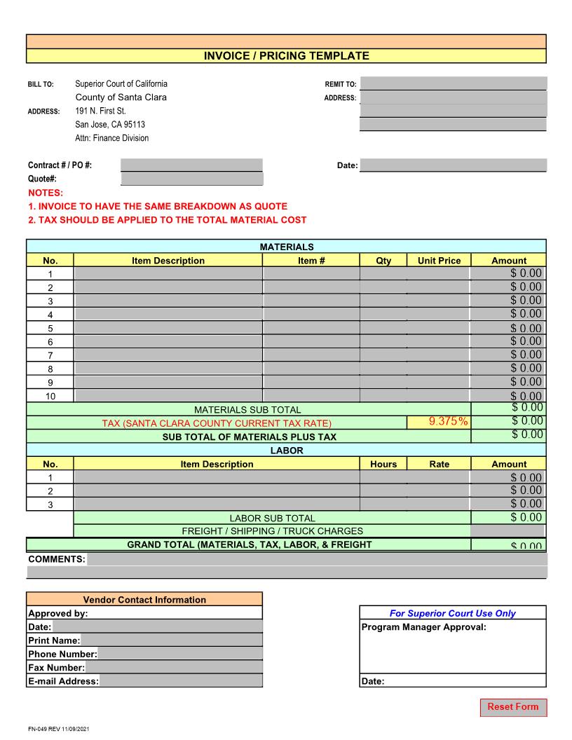 Invoice-Pricing Template {FN-049} | Pdf Fpdf Doc Docx | California