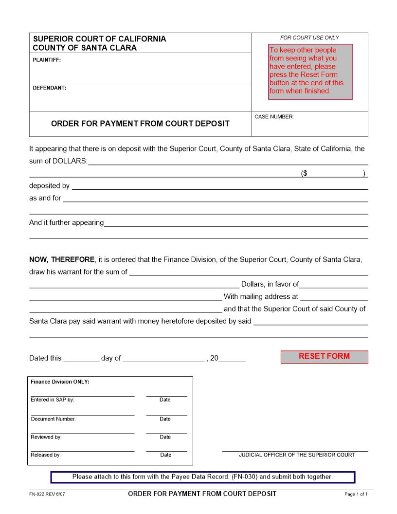 Order For Payment From Court Deposit {FN-022} | Pdf Fpdf Doc Docx | California
