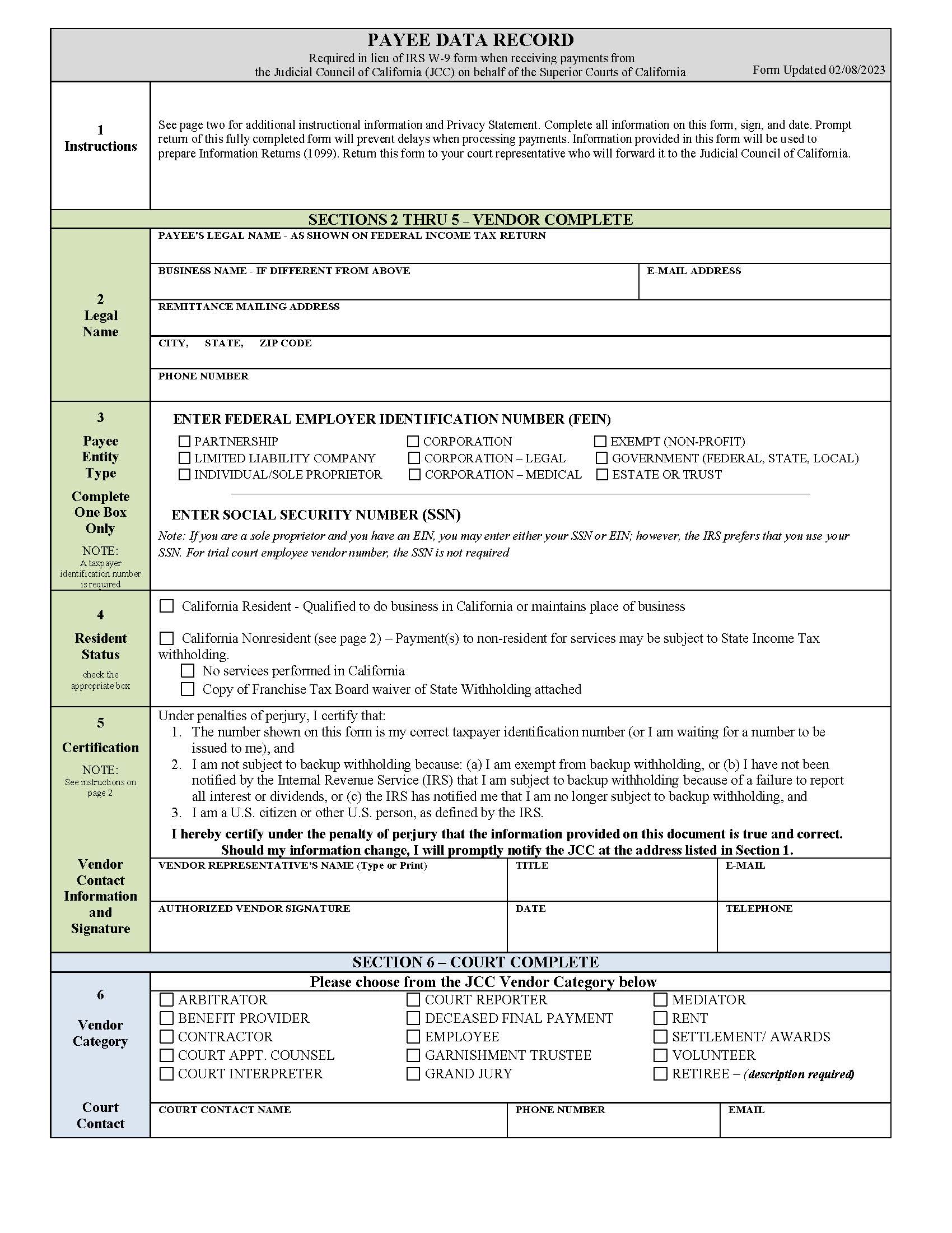 Payee Data Record {FN-030} | Pdf Fpdf Docx | California
