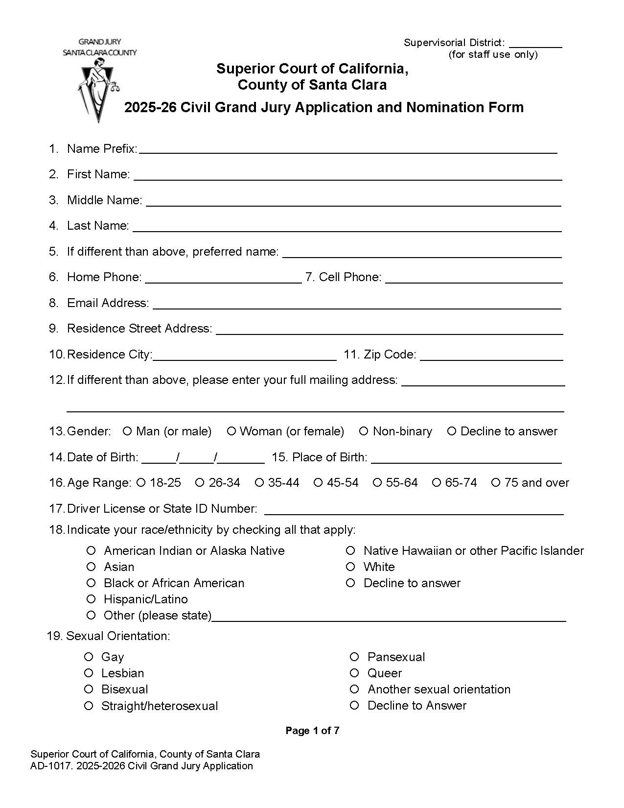Civil Grand Jury Application And Nomination Form {AD-1017} | Pdf Fpdf Docx | California