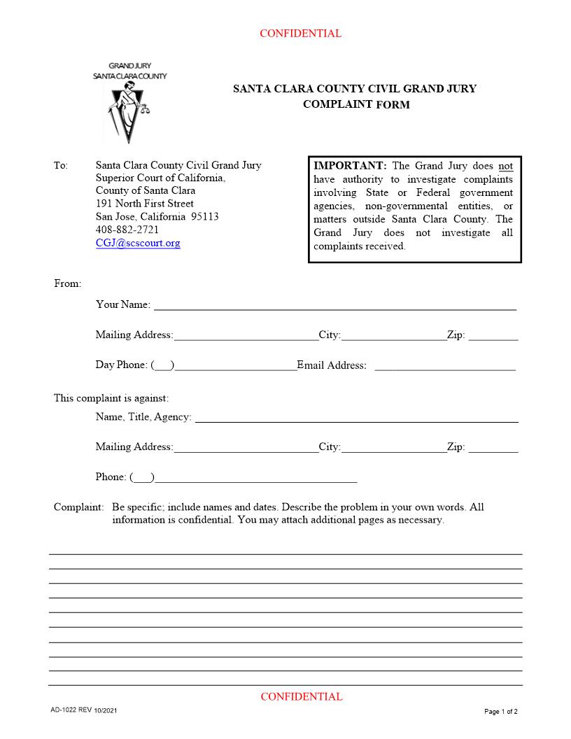 Civil Grand Jury Complaint Form {AD-1022} | Pdf Fpdf Docx | California