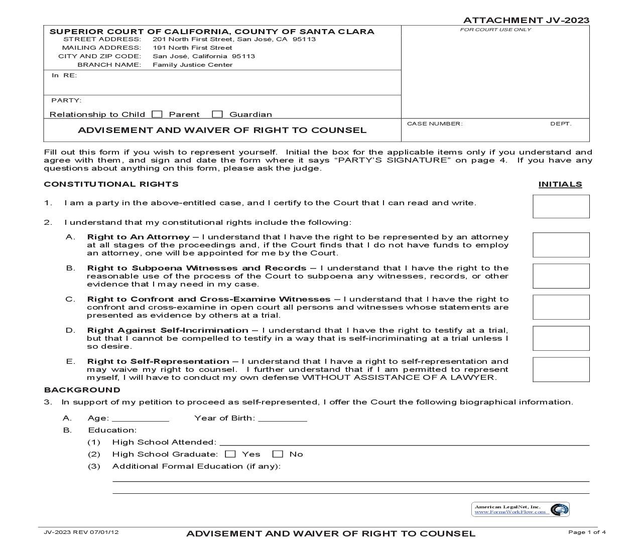 Advisement And Waiver Of Right To Counsel {JV-2023} | Pdf Fpdf Doc Docx | California