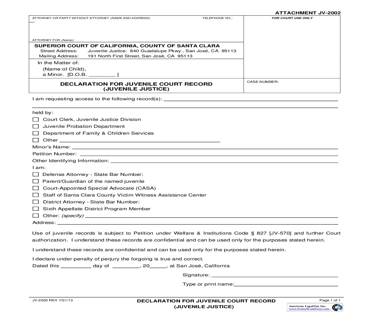 Declaration For Juvenile Court Record {JV-2002} | Pdf Fpdf Doc Docx | California