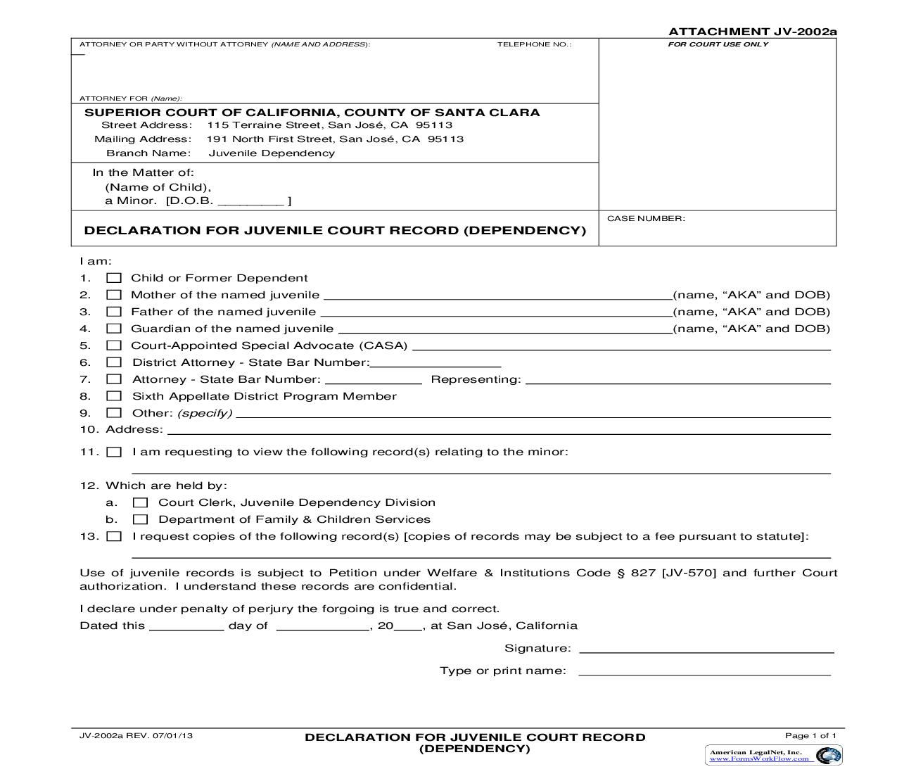 Declaration For Juvenile Court Record (Dependency) {JV-2002a} | Pdf Fpdf Doc Docx | California