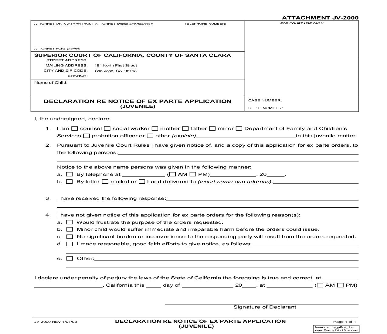 Declaration Re Notice Of Ex Parte Application {JV-2000} | Pdf Fpdf Doc Docx | California