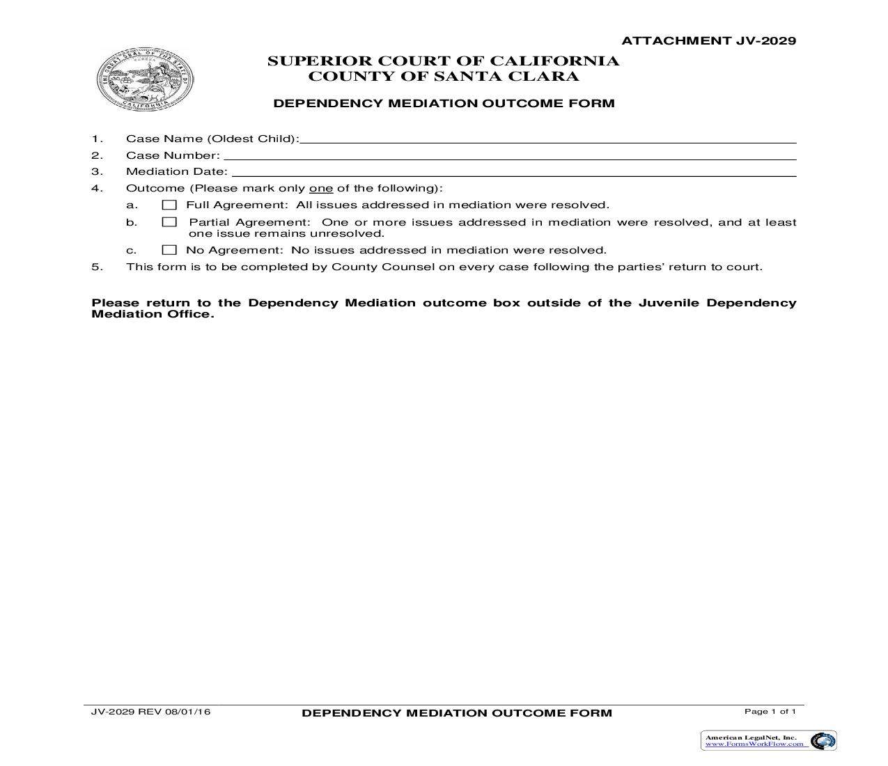 Dependency Mediation Outcome Form {JV-2029} | Pdf Fpdf Doc Docx | California