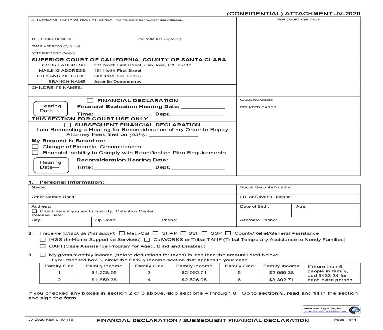 Financial Declaration-Subsequent Financial Declaration {JV-2020} | Pdf Fpdf Doc Docx | California