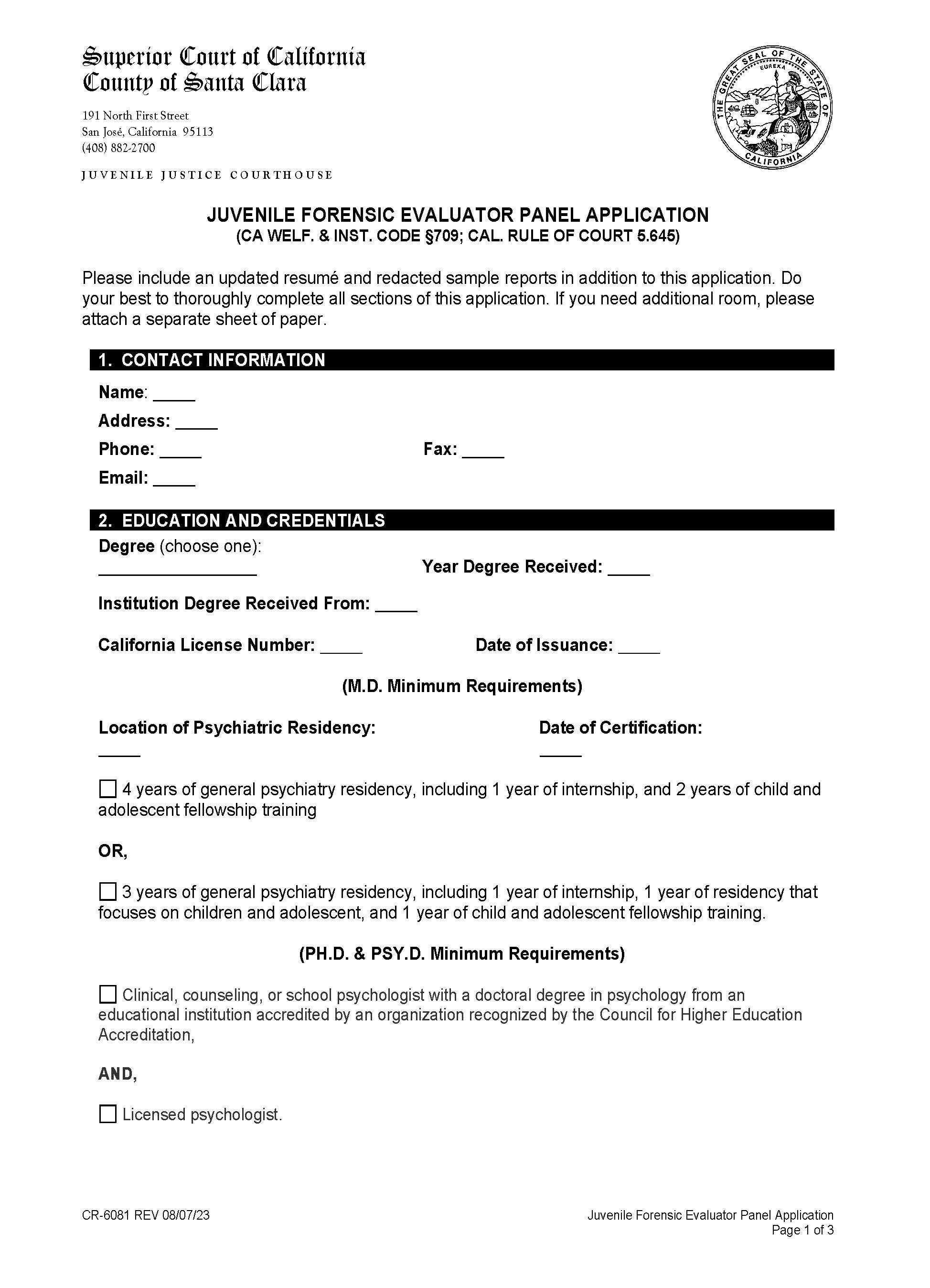 Forensic Evaluator Application-Juvenile {CR-6081 (Juvenile)} | Pdf Fpdf Docx | California