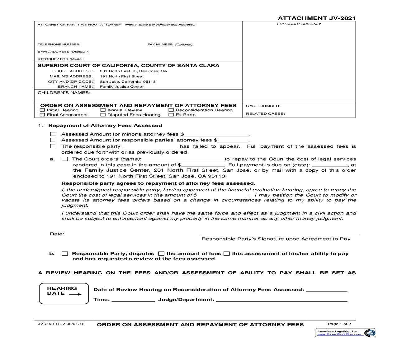 Order On Assessment And Repayment Of Attorney Fees {JV-2021} | Pdf Fpdf Doc Docx | California