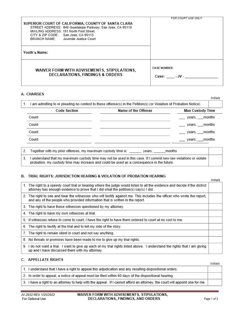 Waiver Form With Advisements Stipulations Declaration Findings And Orders {JV-2032} | Pdf Fpdf Doc Docx | California