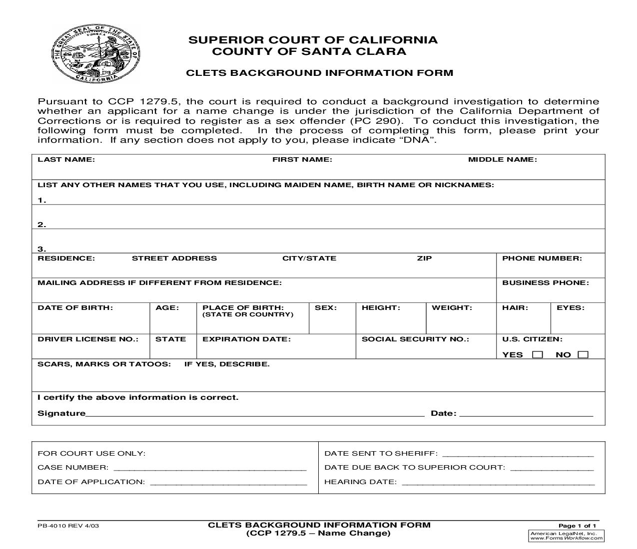 CLETS Background Information Form {PB-4010} | Pdf Fpdf Doc Docx | California