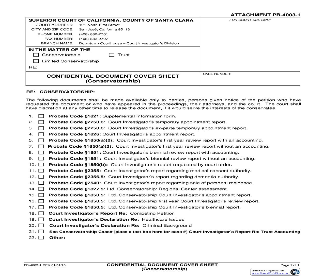 Confidential Document Cover Sheet (Conservatorship) {PB-4003-1} | Pdf Fpdf Doc Docx | California