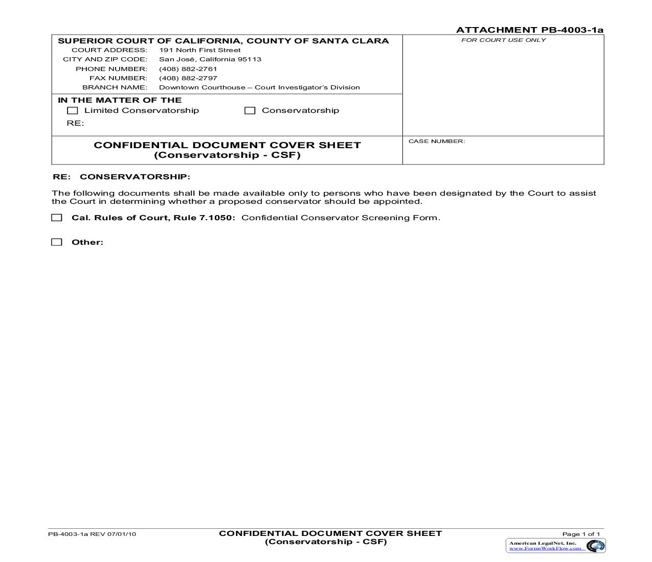 Confidential Document Cover Sheet (Conservatorship-CSF) {PB-4003-1a} | Pdf Fpdf Doc Docx | California