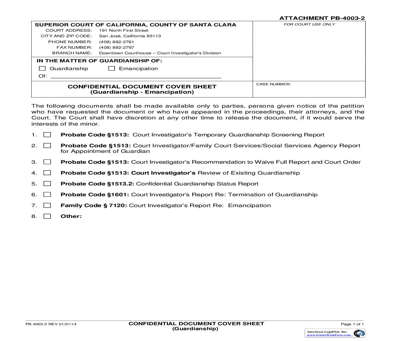 Confidential Document Cover Sheet (Guardianship) {PB-4003-2} | Pdf Fpdf Doc Docx | California