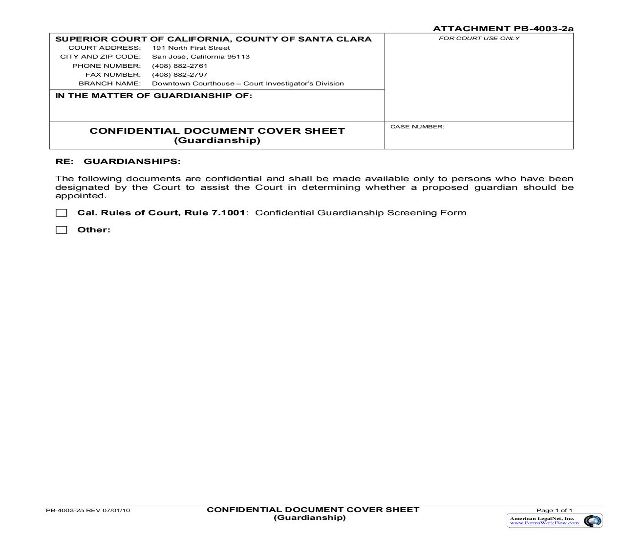 Confidential Document Cover Sheet (Guardianship-CSF) {PB-4003-2a} | Pdf Fpdf Doc Docx | California