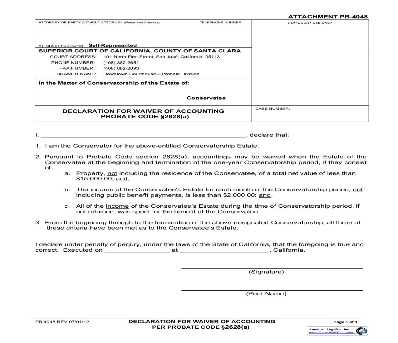 Declaration For Waiver Of Accounting {PB-4048} | Pdf Fpdf Doc Docx | California