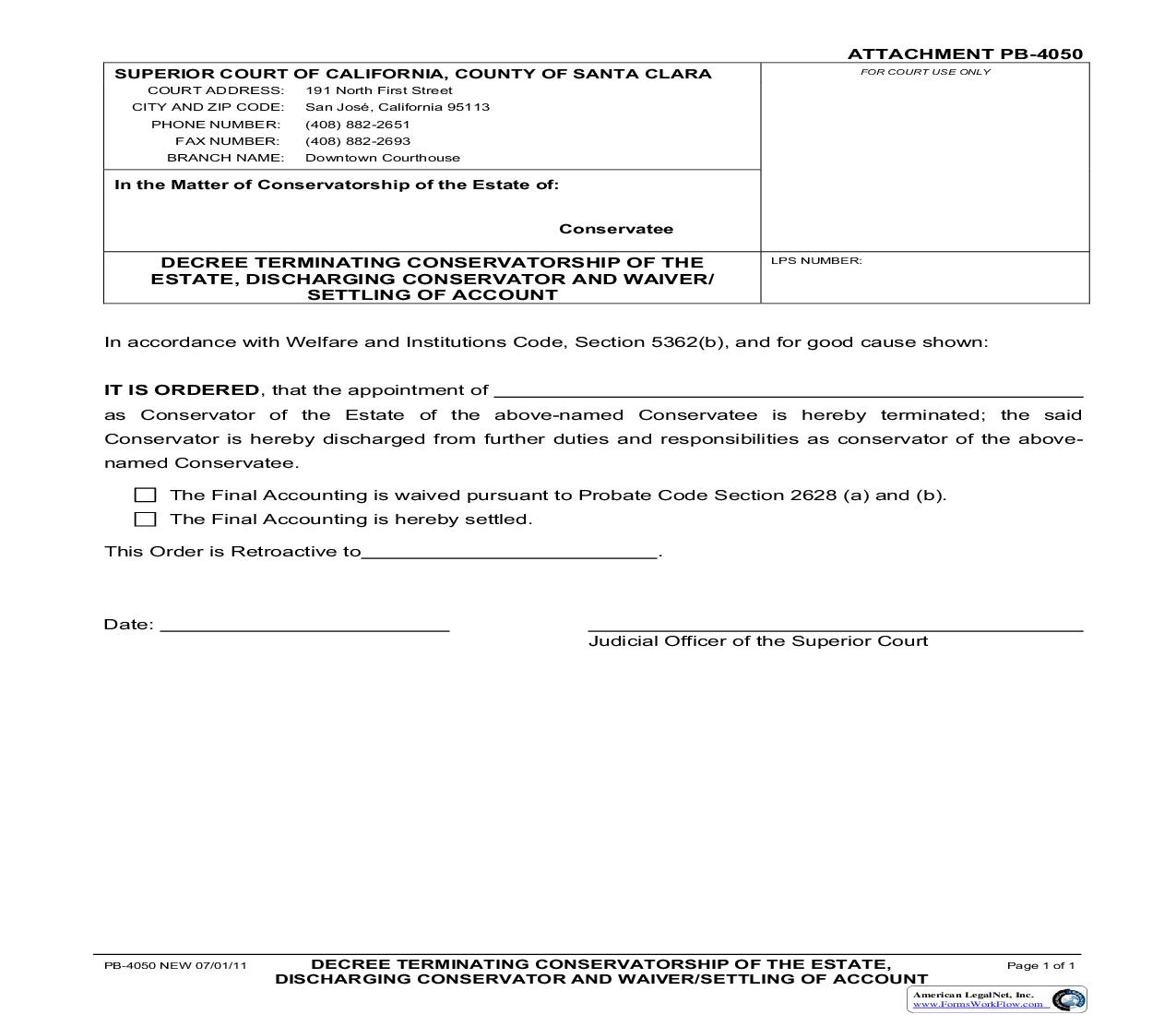 Decree Terminating Conservatorship Of The Estate Discharging Conservatorship Waiver-Settling Of Account {PB-4050} | Pdf Fpdf Doc Docx | California