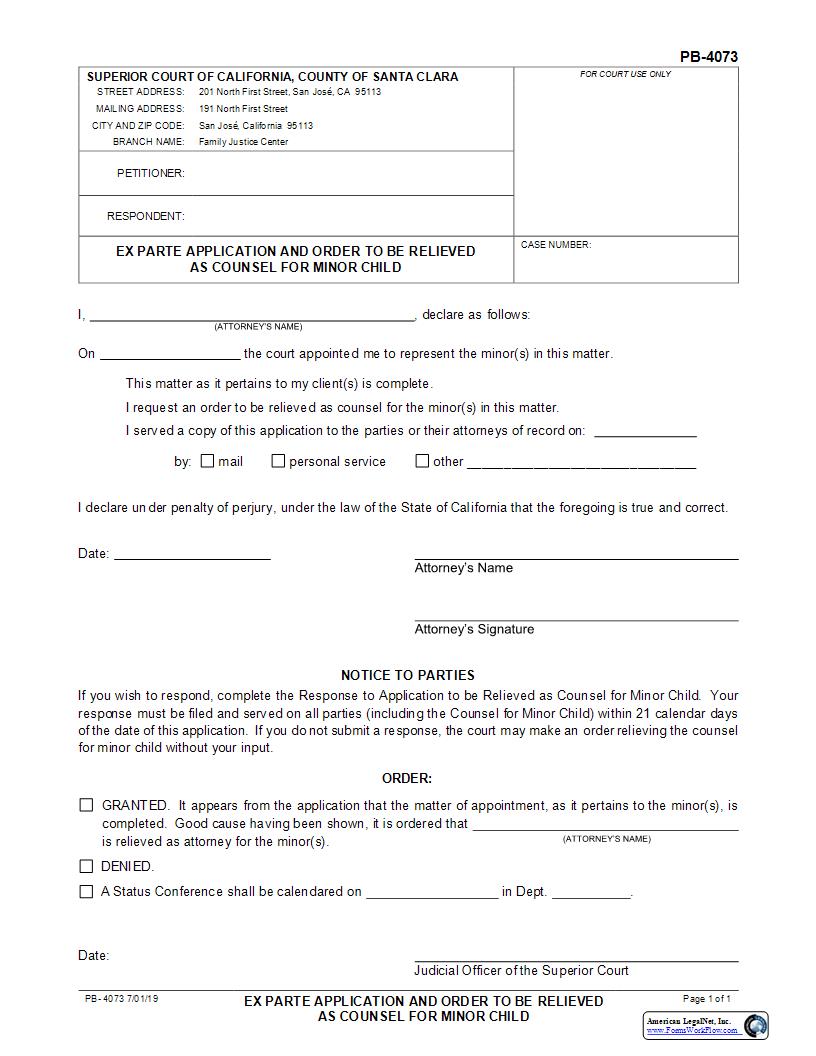 Ex Parte Application And Order To Be Relieved As Counsel For Minor Child {PB-4073} | Pdf Fpdf Docx | California