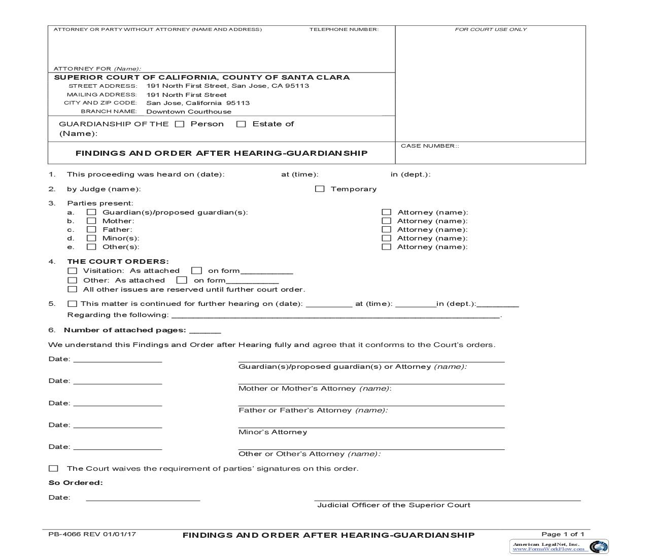 Findings And Order After Hearing-Guardianship {PB-4066} | Pdf Fpdf Doc Docx | California