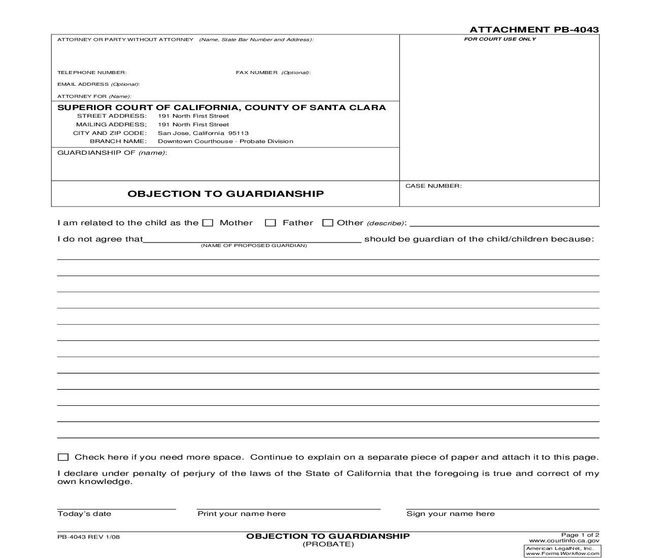 Objection To Guardianship {PB-4043} | Pdf Fpdf Doc Docx | California