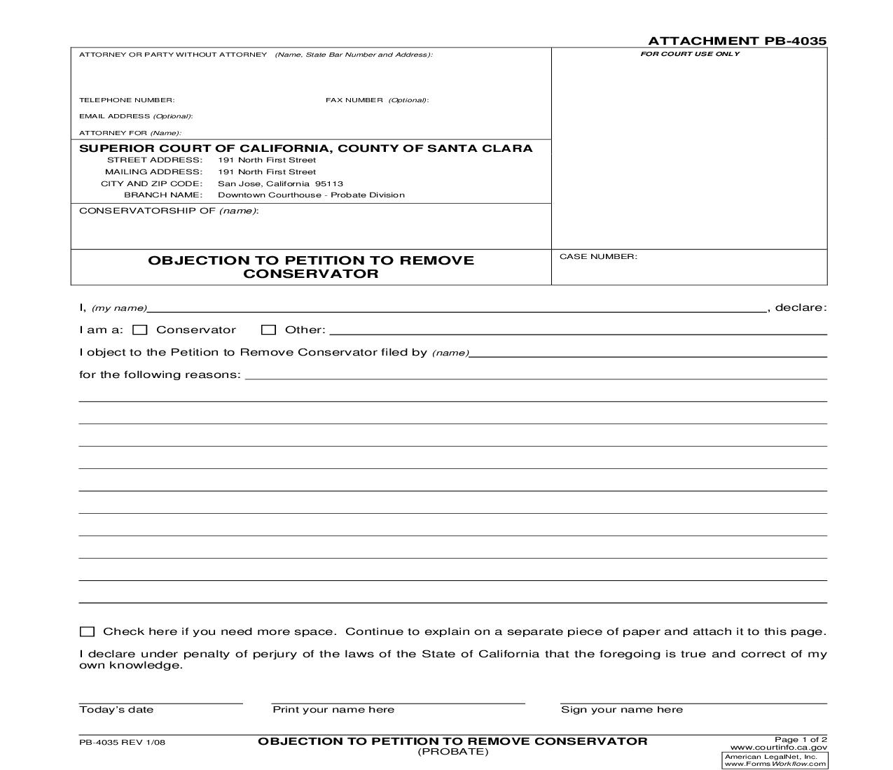 Objection To Petition To Remove Conservator {PB-4035} | Pdf Fpdf Doc Docx | California