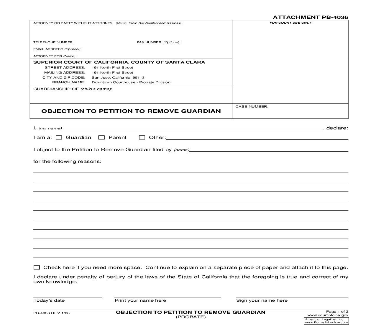 Objection To Petition To Remove Guardian {PB-4036} | Pdf Fpdf Doc Docx | California