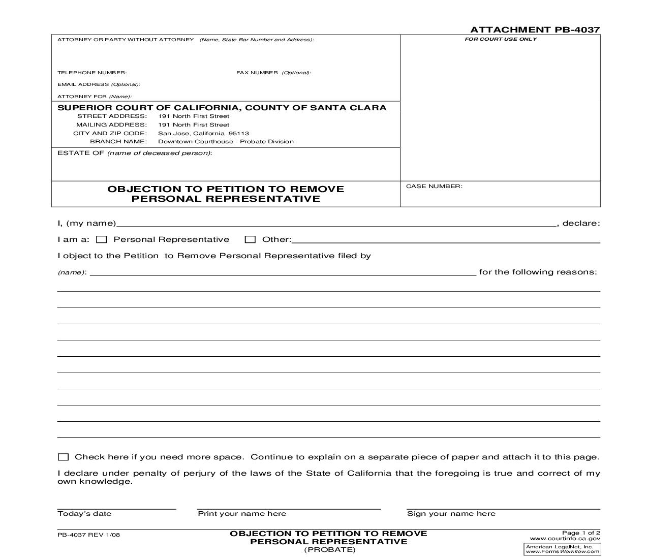 Objection To Petition To Remove Personal Representative {PB-4037} | Pdf Fpdf Doc Docx | California