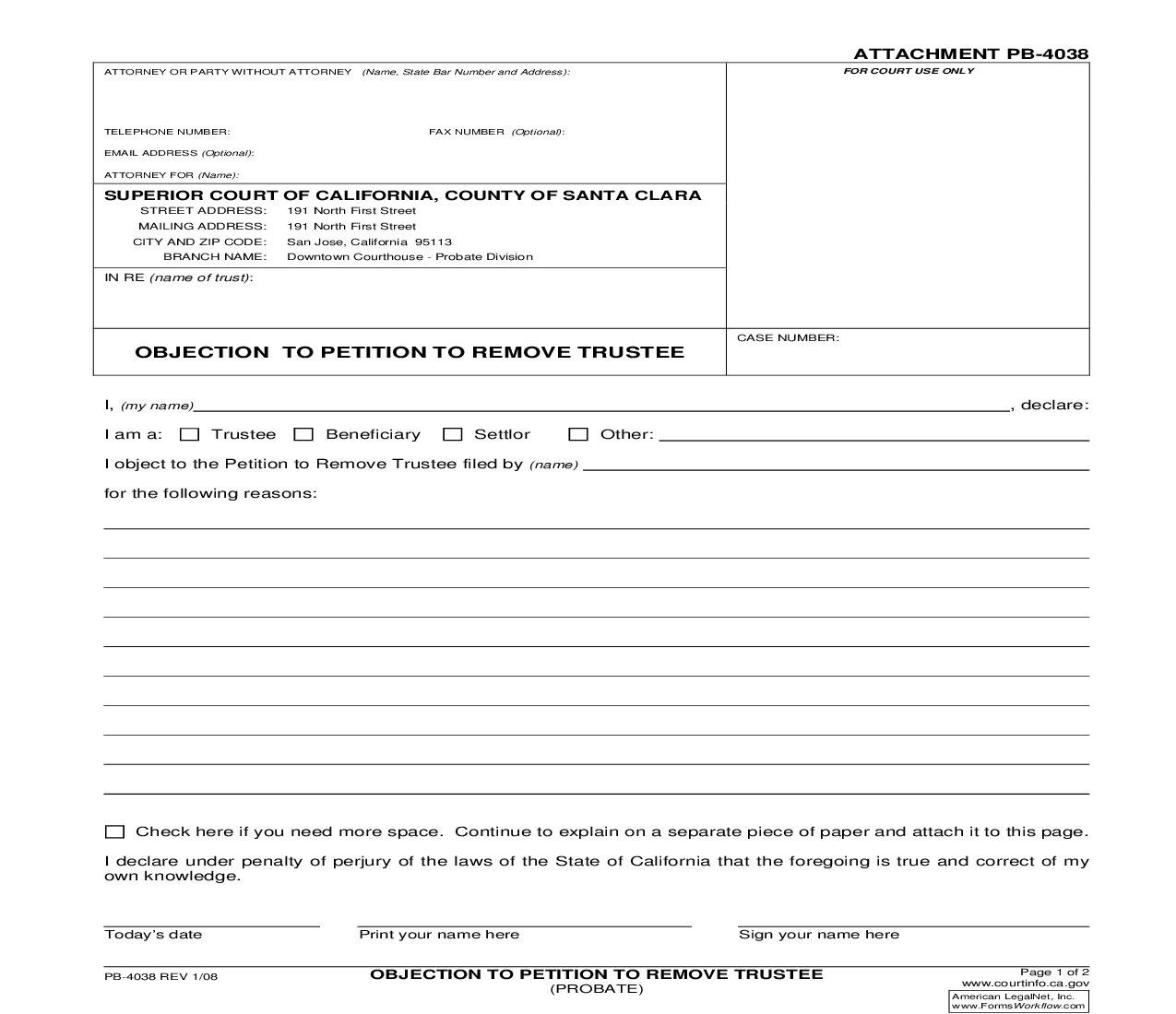 Objection To Petition To Remove Trustee {PB-4038} | Pdf Fpdf Doc Docx | California