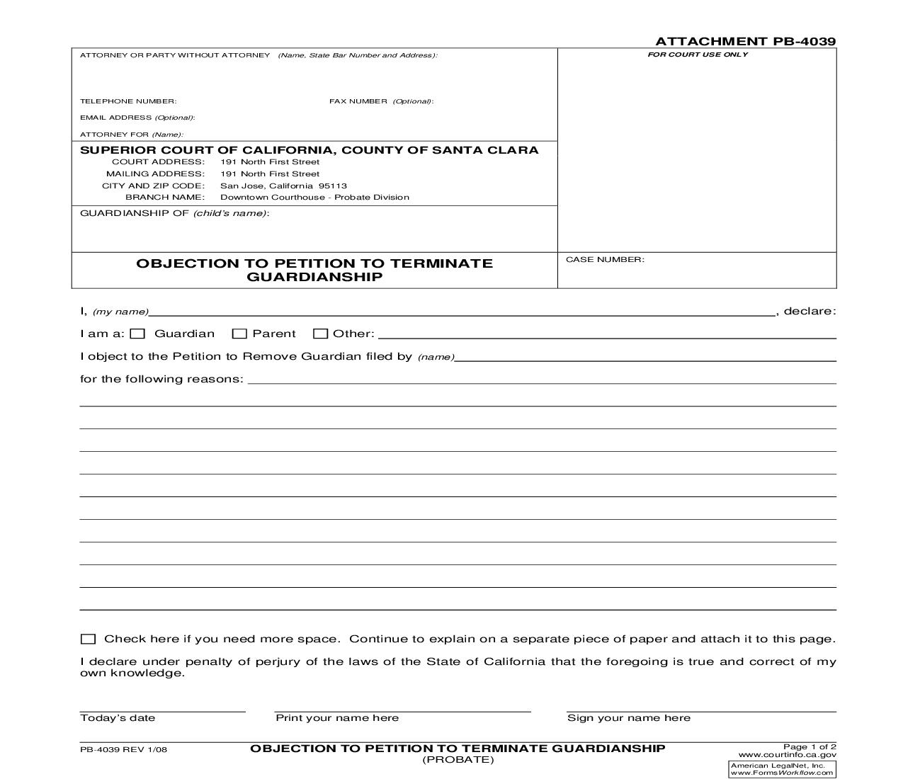 Objection To Petition To Terminate Guardianship {PB-4039} | Pdf Fpdf Doc Docx | California