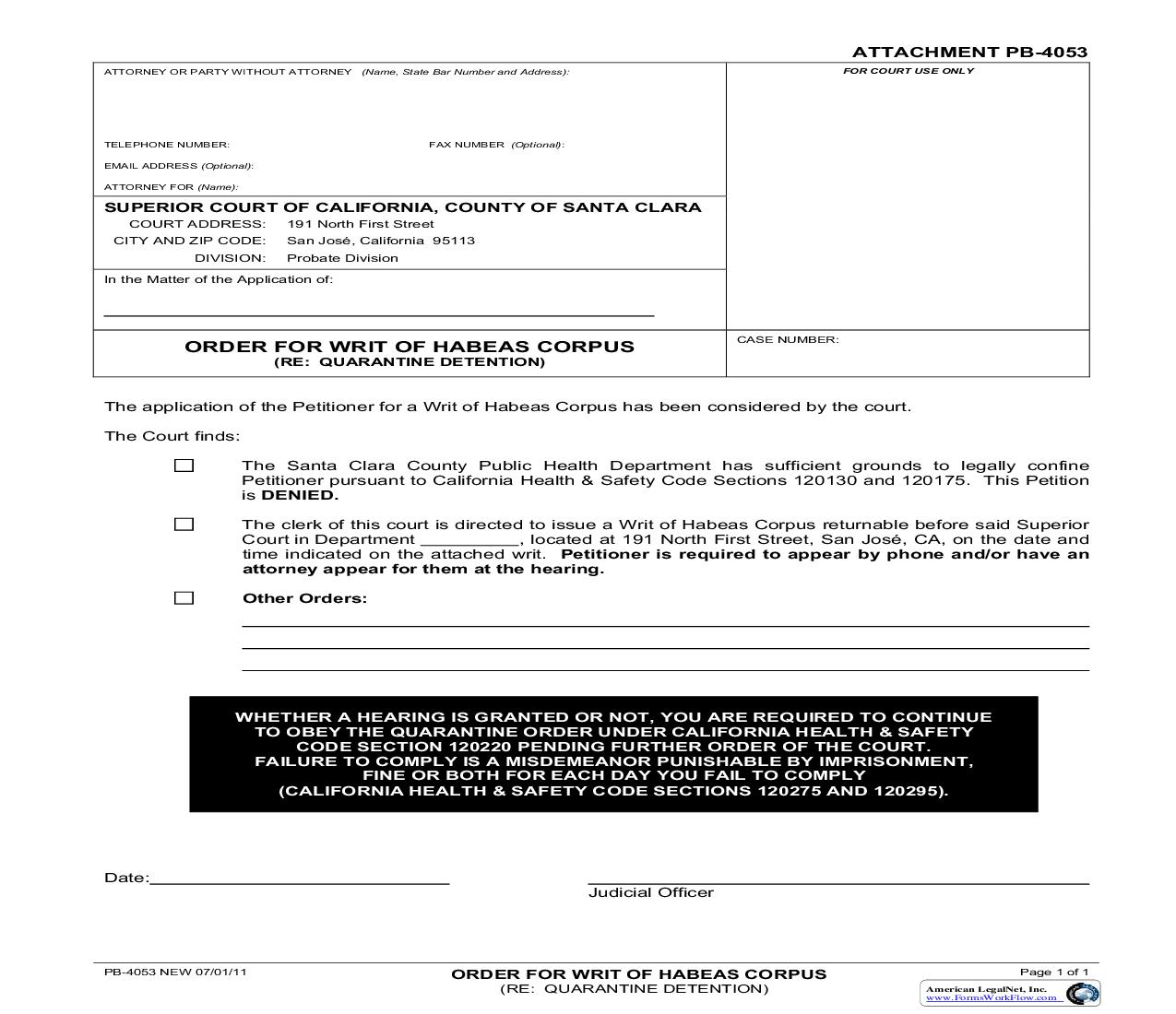 Order For Writ Of Habeas Corpus (Re Quarantine Detention) {PB-4053} | Pdf Fpdf Doc Docx | California