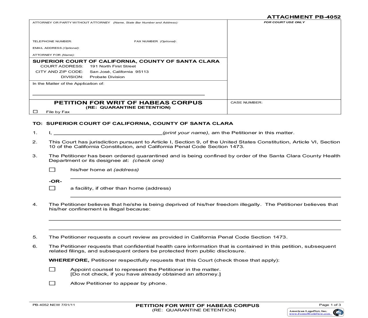 Petition For Writ Of Habeas Corpus (Re Quarantine Detention) {PB-4052} | Pdf Fpdf Doc Docx | California