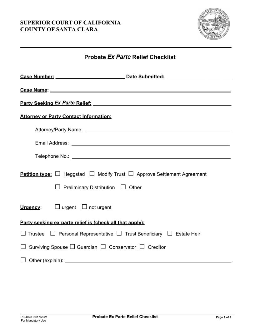 Probate Ex Parte Relief Checklist {PB-4078} | Pdf Fpdf Docx | California