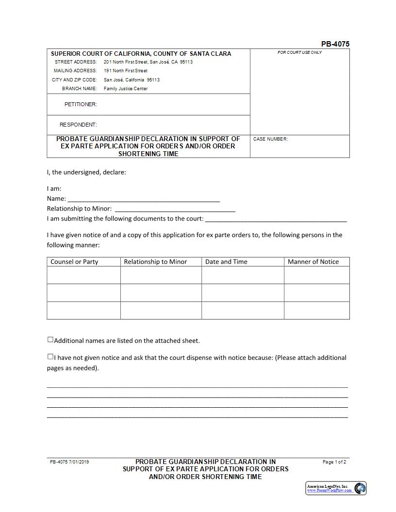 Probate Guardianship Declaration In Support Of Ex Parte Application For Orders {PB-4075} | Pdf Fpdf Docx | California