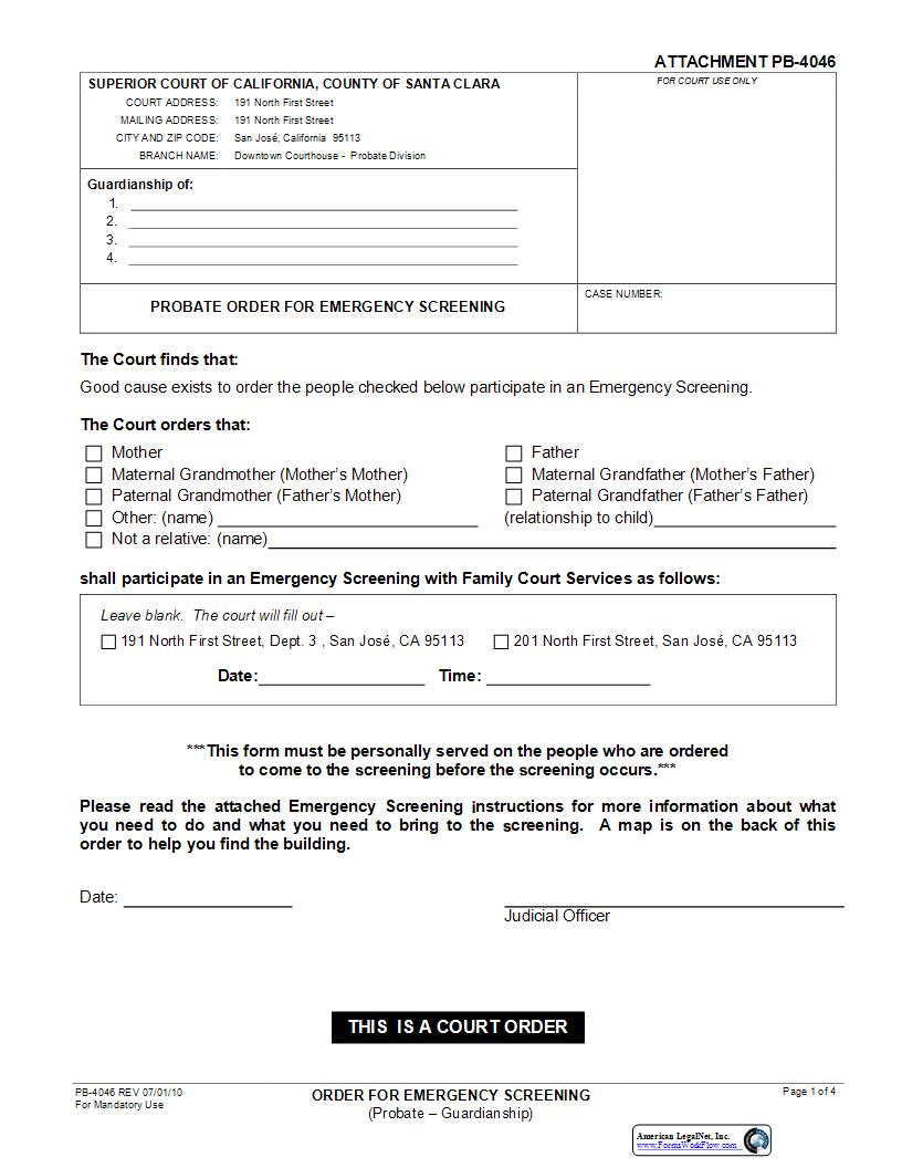 Probate-Order For Emergency Screening {PB-4046} | Pdf Fpdf Docx | California