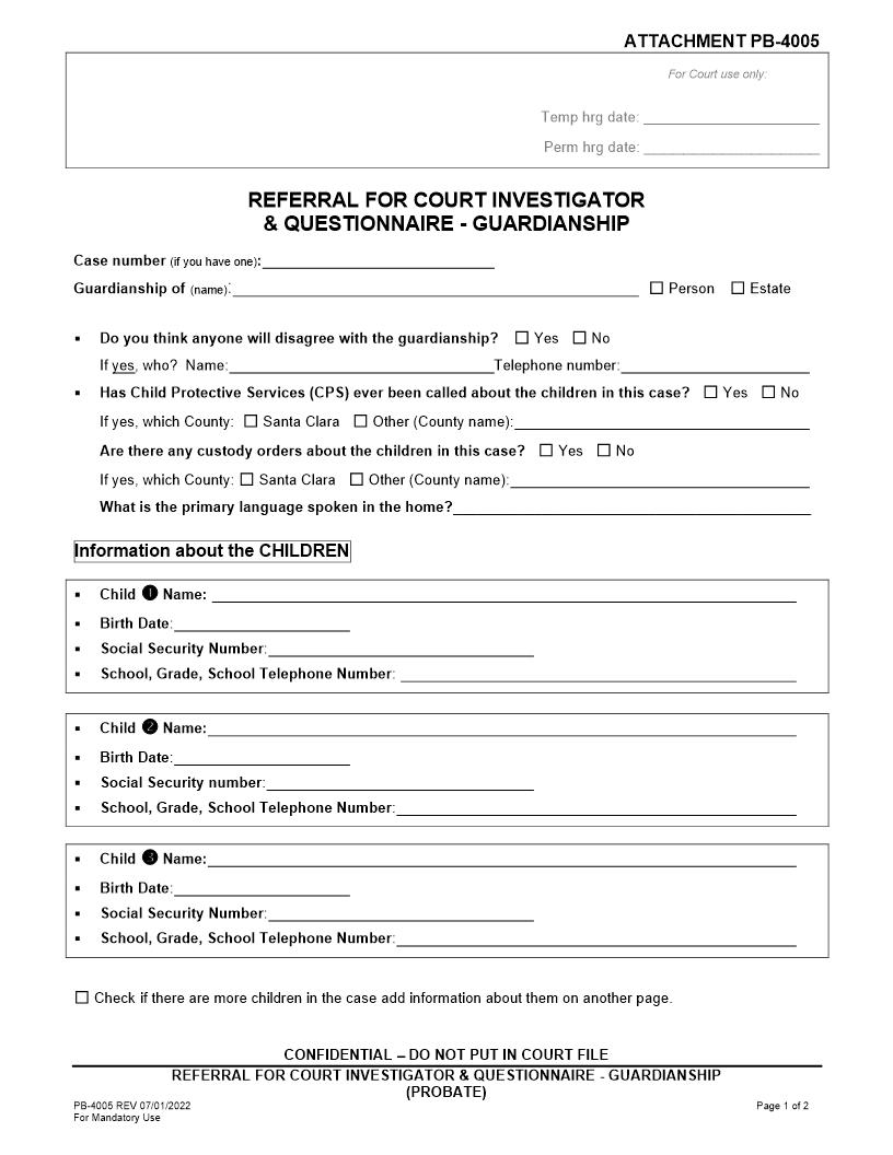 Referral For Court Investigator And Questionnaire-Guardianship {PB-4005} | Pdf Fpdf Doc Docx | California