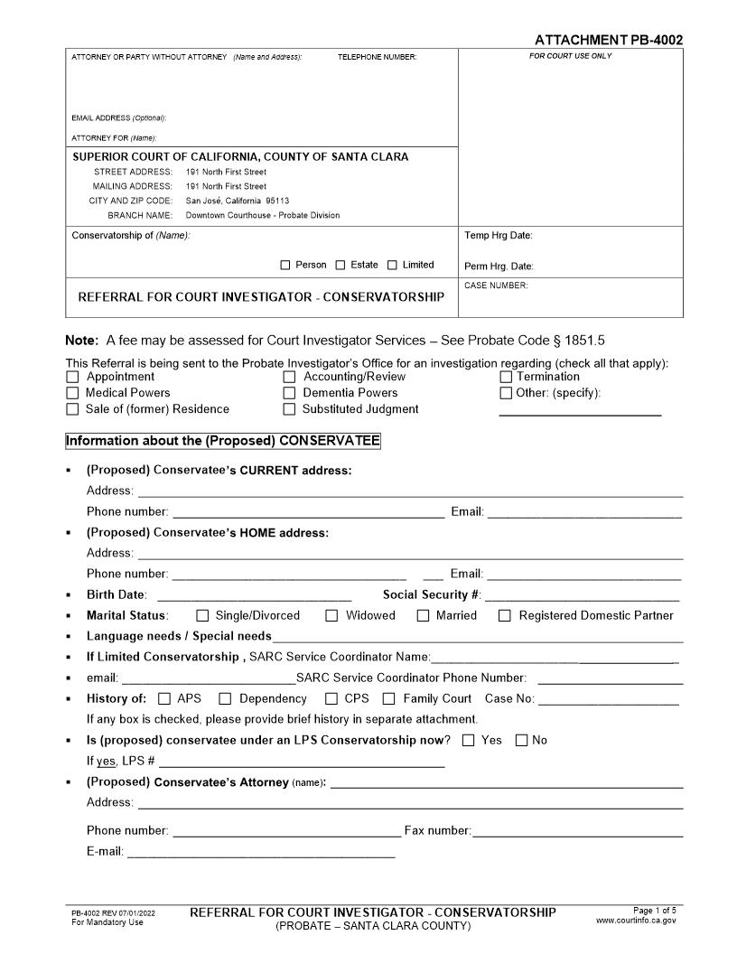 Referral For Investigators Report-Conservatorship {PB-4002} | Pdf Fpdf Doc Docx | California