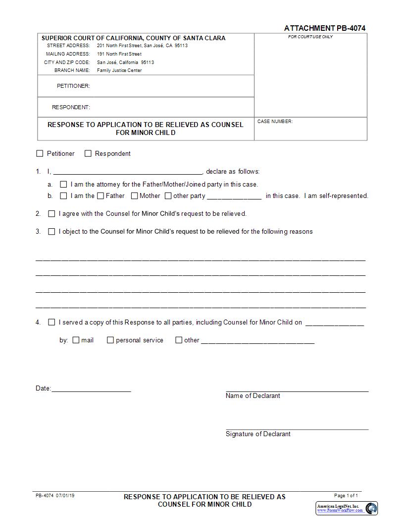 Response To Application To Be Relieved As Counsel For Minor Child {PB-4074} | Pdf Fpdf Docx | California