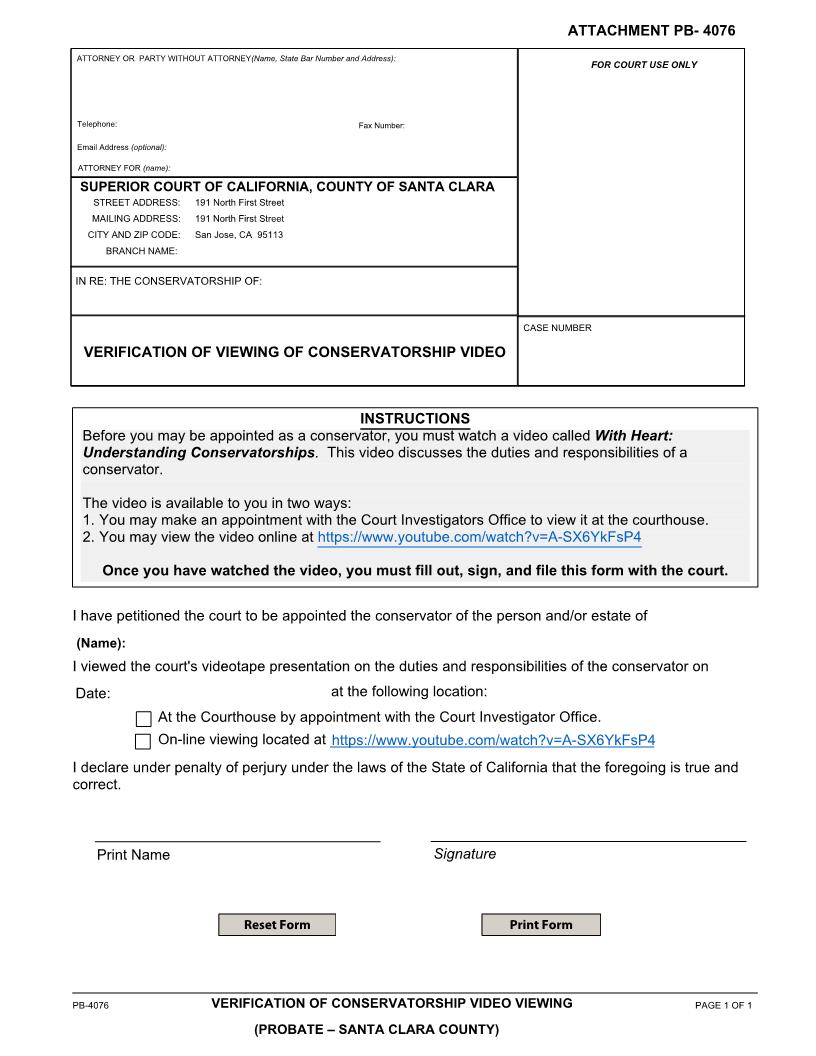 Verification Of Viewing Of Conservatorship Video {PB-4076} | Pdf Fpdf Docx | California