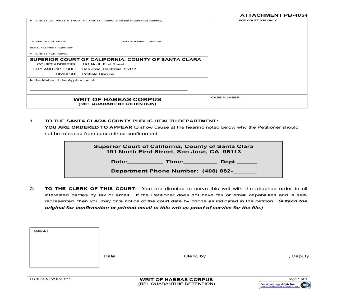 Writ Of Habeas Corpus (Re Quarantine Detention) {PB-4054} | Pdf Fpdf Doc Docx | California