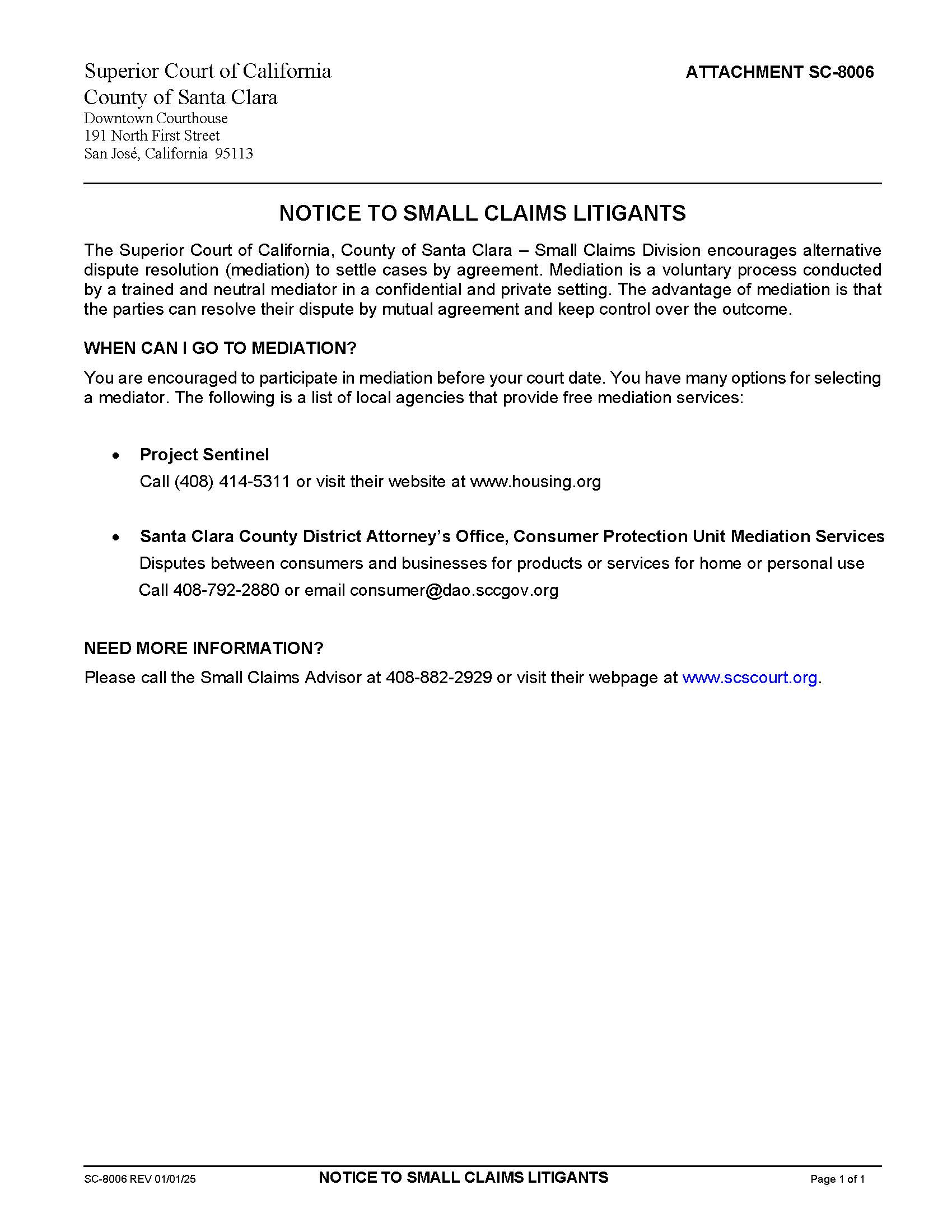 Notice To Small Claims Litigants {SC-8006} | Pdf Fpdf Doc Docx | California