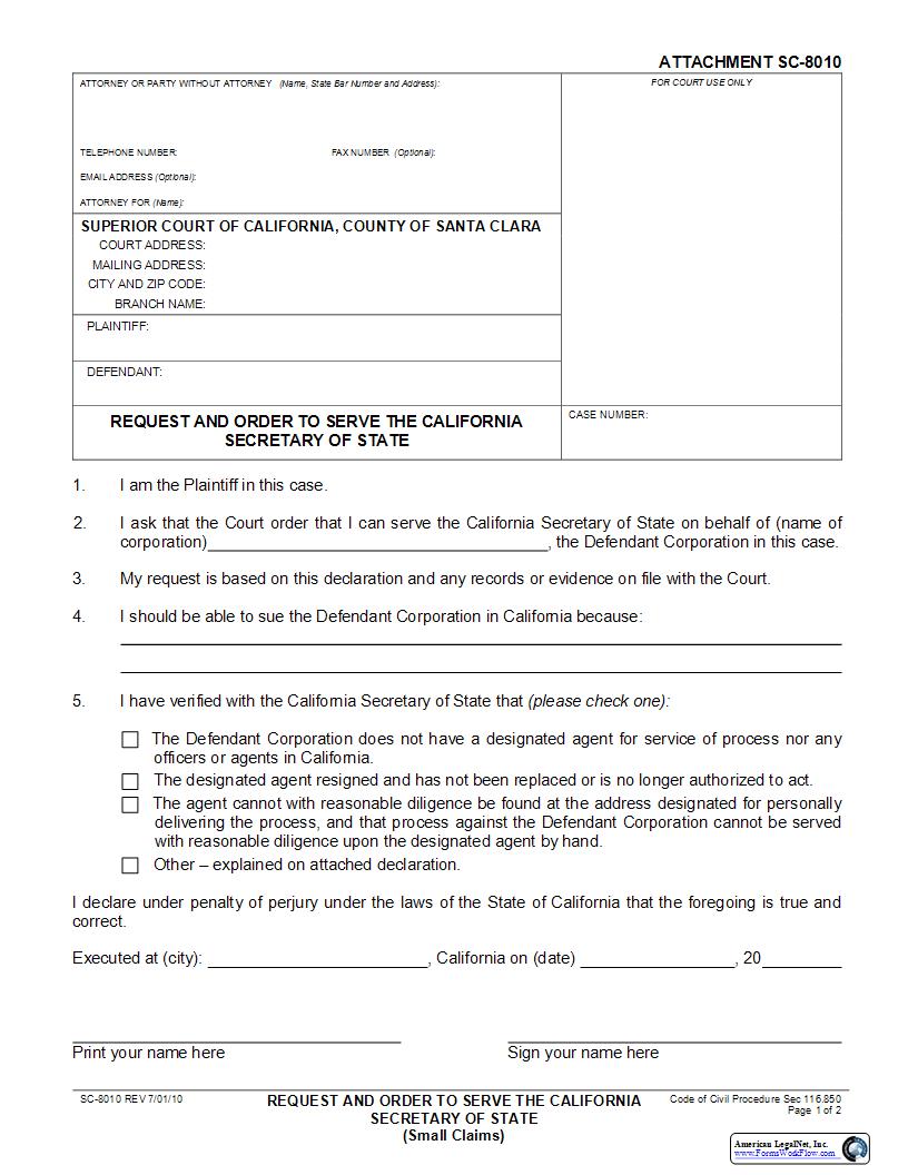 Request And Order To Serve The California Secretary Of State (Small Claims) {SC-8010} | Pdf Fpdf Docx | California